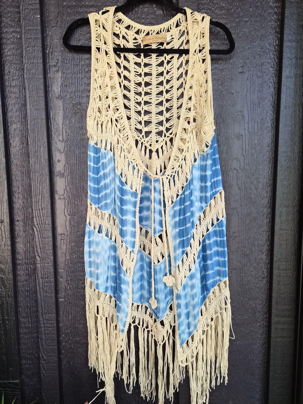 Bohemian Crochet Fringe Swim Coverup in Cream and Blue